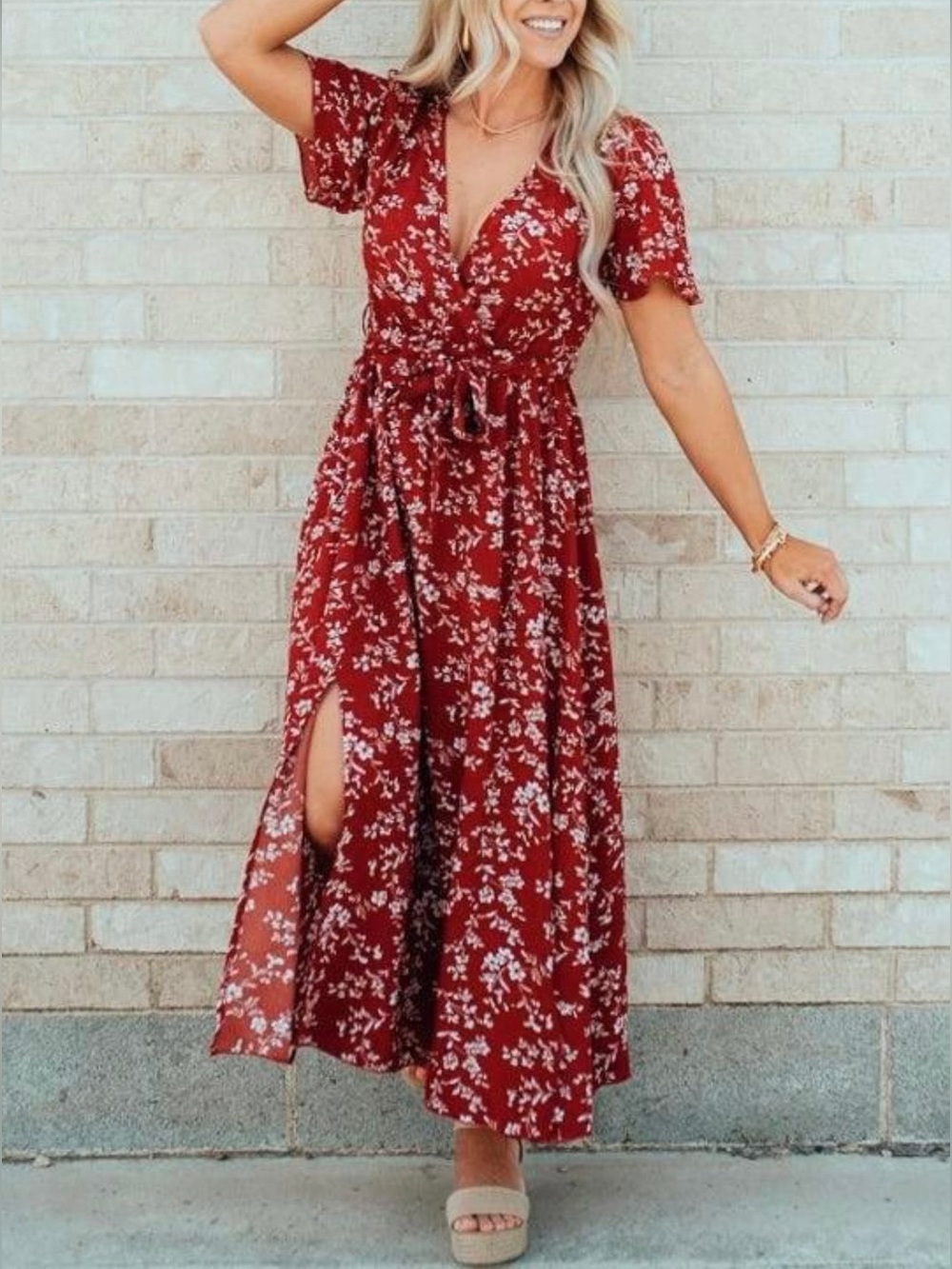 NWT MISS SPARKLING Flowy Flutter Sleeve V-Neck Maxi Dress-Brick Red Floral SMALL